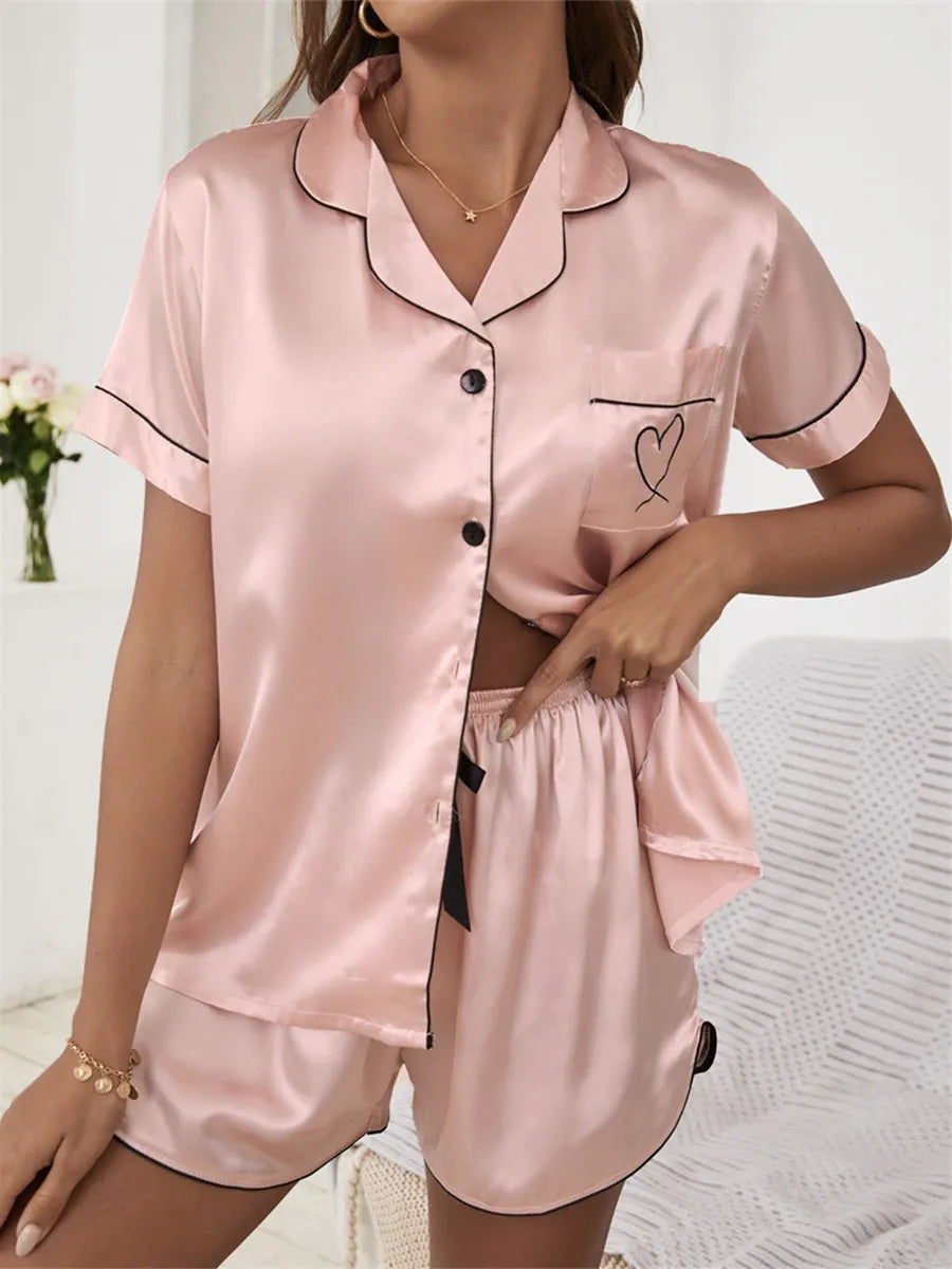 Satin Pajama Set Heart Over Heart